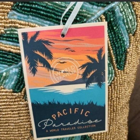 PACIFIC Paradise GOLD Green Teal Aqua Beaded Palm Leaf Pier 1 Style Pillow Decor - Picture 2 of 13